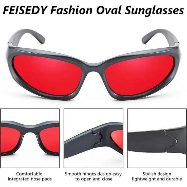 FEISEDY Y2K Futuristic Sunglasses Cool Oval Wrap Around 90s Visor Thick Frame Vintage for Men Women B2951Grey Frame  Red Mirror Lens