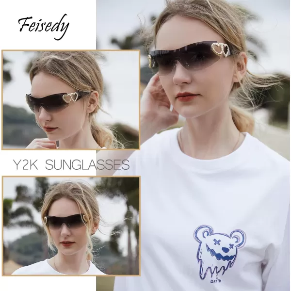 FEISEDY Y2K Rimless Sunglasses Heart for Women Men Around Wrap Fashion Futuristic 2000s Trendy Shield B2981Black Grey