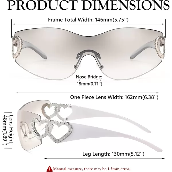 FEISEDY Y2K Rimless Sunglasses Heart for Women Men Around Wrap Fashion Futuristic 2000s Trendy Shield B2981Grey White