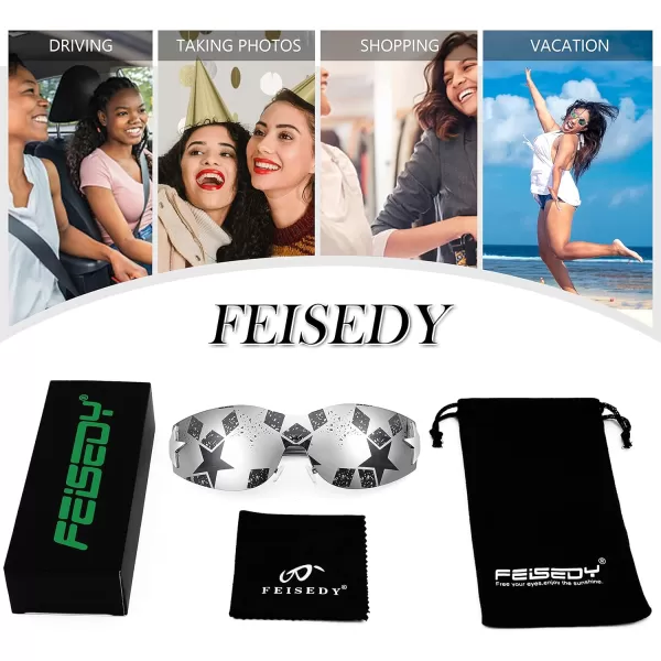 FEISEDY Y2K Sunglasses for Women Men 2000s Fashion Rimless Wrap Around Frameless Star Sun Glasses B9090Mirrored Silver Star