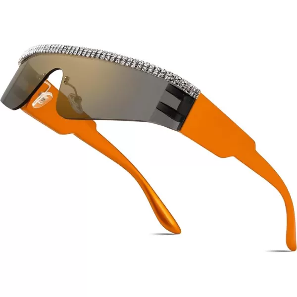 FEISEDY Futuristic Visor Punk Sunglasses Rimless One Piece Goggles Miorred Shades Women Men B2927Jeweled Frame Gold Mirrored Lens 006
