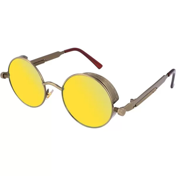 FEISEDY Retro Gothic Steampunk Sunglasses Round Metal Frame Punk Circle Inspired Shade Men B1857BronzeGoldgreen