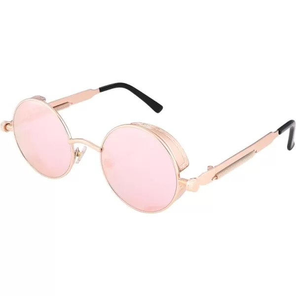 FEISEDY Retro Gothic Steampunk Sunglasses Round Metal Frame Punk Circle Inspired Shade Men B1857GoldPink