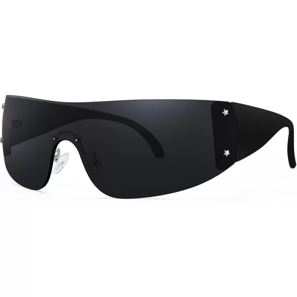 FEISEDY Rimless Wrap Around Y2K Sunglasses For Women Men Fashion Oversized Shield Frameless Sun Glasses B4119BlackGrey