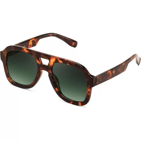 FEISEDY Vintage Aviator Sunglasses Double Bridge Women Men Large Square Thick Frame Trendy Eyewear UV400 B2846Brown Tortoise Frame  Gradient Dark Green Lens