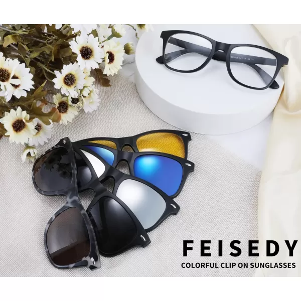 FEISEDY Magnetic Clip on Sunglasses TR90 Frame TAC 5pcs Replacement Lens Set Sunglasses for Men Women B2884Square Frame With 5 Lenses