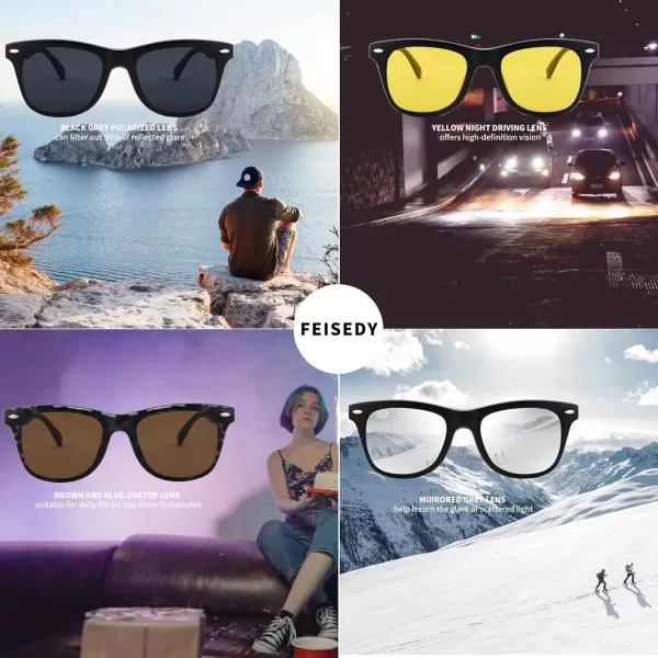 FEISEDY Magnetic Clip on Sunglasses TR90 Frame TAC 5pcs Replacement Lens Set Sunglasses for Men Women B2884Square Frame With 5 Lenses