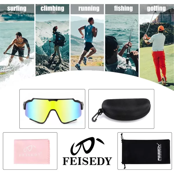 FEISEDY Polarized Sports Sunglasses for Men Women Baseball Cycling Fishing Sunglasses UV400 Protection B0134Black Frame Gold Mirrored Lens