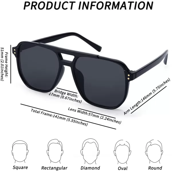 FEISEDY Retro Square Aviator Sunglasses Women Men 70s Vintage Trendy Plastic Frame Sun Glasses B2835005 Black FrameGray Lens