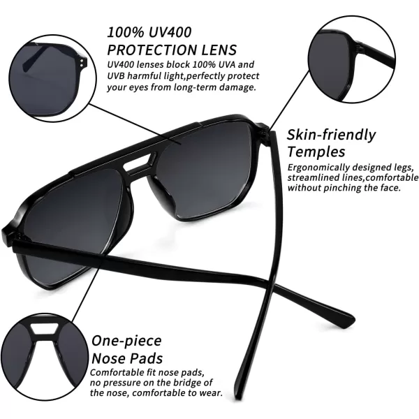 FEISEDY Retro Square Aviator Sunglasses Women Men 70s Vintage Trendy Plastic Frame Sun Glasses B2835005 Black FrameGray Lens