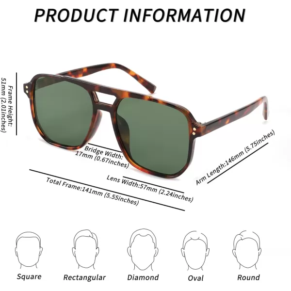 FEISEDY Retro Square Aviator Sunglasses Women Men 70s Vintage Trendy Plastic Frame Sun Glasses B2835Tortoise FrameDark Green Lens