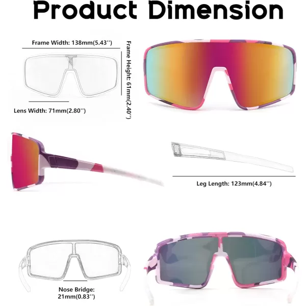 FEISEDY Sports Sunglasses Polarized Oversized Shield for Women Men Youth Baseball Cycling Running Outdoor Visor B2988002 Pink Camouflage Frame  Purple Lens