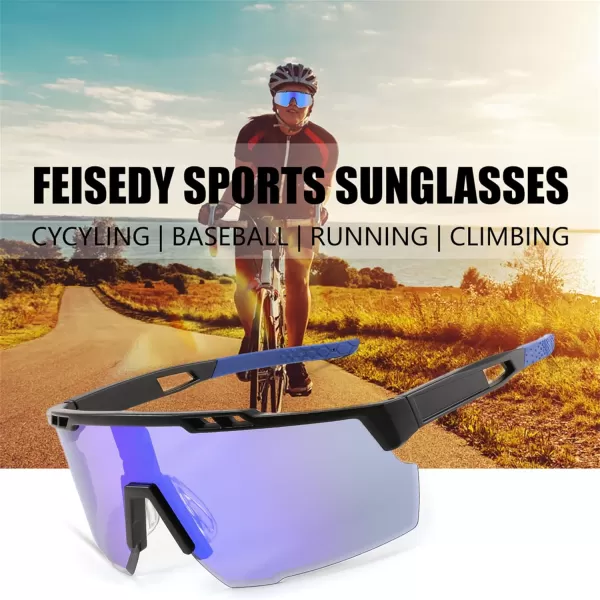 FEISEDY Sports Sunglasses for Men and Women UV400 Protection Cycling Goggles Golf Baseball Driving Fishing B0022Black Frame Blue Mirrored Lens