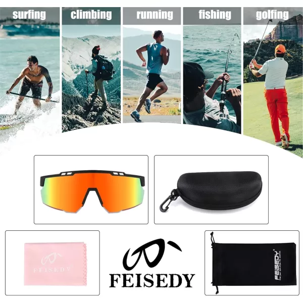 FEISEDY Sports Sunglasses for Men and Women UV400 Protection Cycling Goggles Golf Baseball Driving Fishing B0022Black Frame Red Mirrored Lens