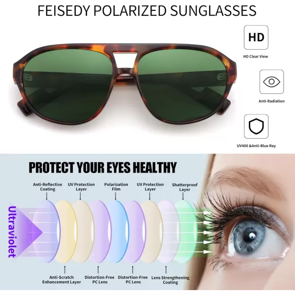 FEISEDY Sunglasses Women Men Polarized Small 70s Aviator Frame Retro Vintage Sun Glasses B2373Milk Tortoise Frame  Blackish Green Lens