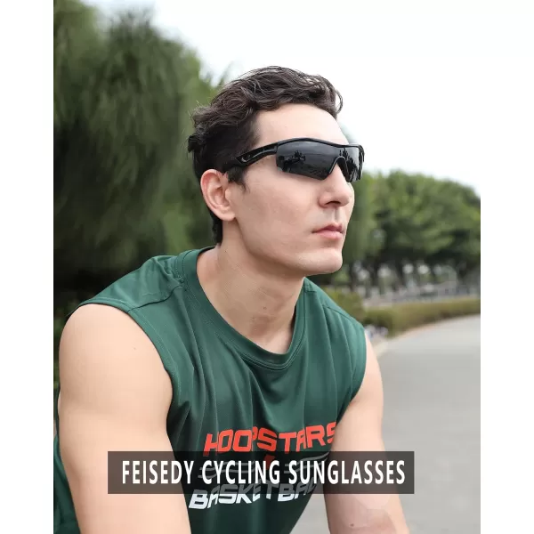 FEISEDY Men Sunglasses Polarized Cycling Sunglasses UV400 Sports Baseball Running Fishing Hiking Shades B2372003 Black Frame  Grey