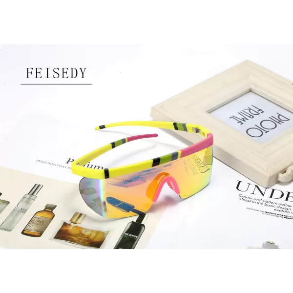 FEISEDY Oversized Mirror Shield Sport 80s Sunglasses Ski Goggles Flat Top One Piece Futuristic Visor Women Men B2522002 Yellow Frame Yellow Mirrored Lens