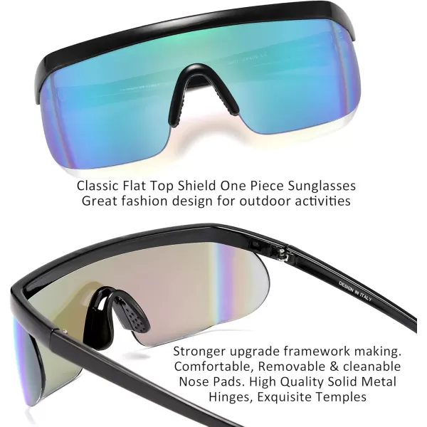 FEISEDY Oversized Mirror Shield Sport 80s Sunglasses Ski Goggles Flat Top One Piece Futuristic Visor Women Men B2522005 Bright Black Frame Green Mirrored Lens