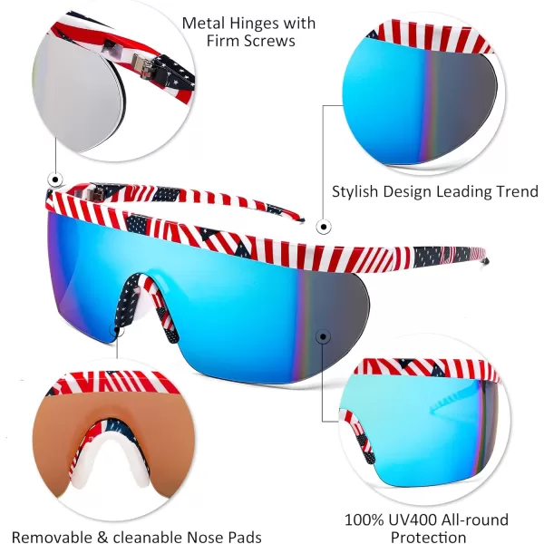 FEISEDY Oversized Mirror Shield Sport 80s Sunglasses Ski Goggles Flat Top One Piece Futuristic Visor Women Men B2522007 Us Flag Frame and Blue Lenses