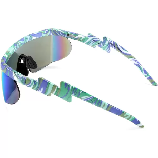 FEISEDY Oversized Mirror Shield Sport 80s Sunglasses Ski Goggles Flat Top One Piece Futuristic Visor Women Men B2522C05 Green Marble