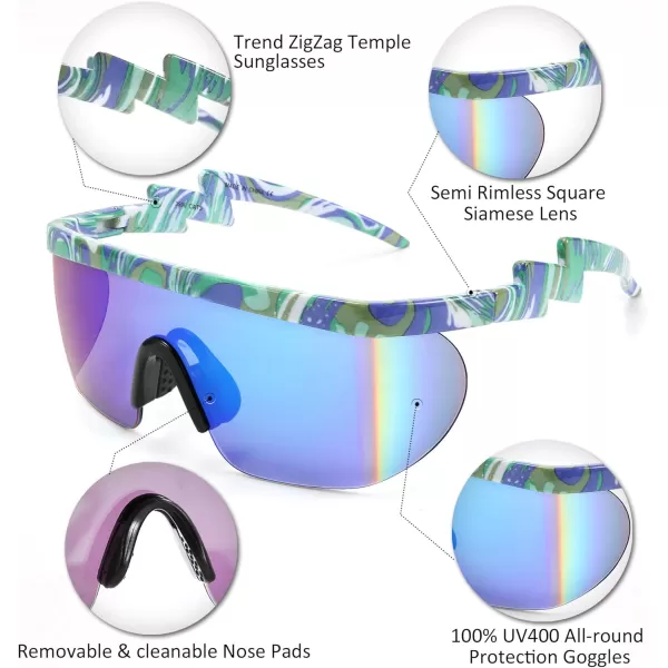 FEISEDY Oversized Mirror Shield Sport 80s Sunglasses Ski Goggles Flat Top One Piece Futuristic Visor Women Men B2522C05 Green Marble