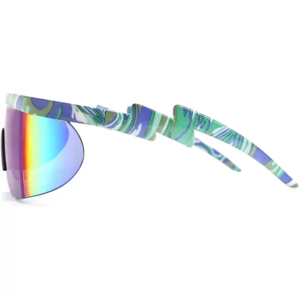 FEISEDY Oversized Mirror Shield Sport 80s Sunglasses Ski Goggles Flat Top One Piece Futuristic Visor Women Men B2522C05 Green Marble