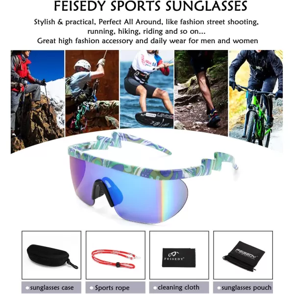 FEISEDY Oversized Mirror Shield Sport 80s Sunglasses Ski Goggles Flat Top One Piece Futuristic Visor Women Men B2522C05 Green Marble