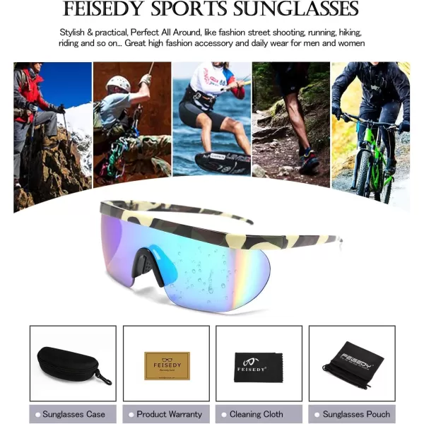 FEISEDY Oversized Mirror Shield Sport 80s Sunglasses Ski Goggles Flat Top One Piece Futuristic Visor Women Men B2522Camouflage Frame Green Mirrored Lens