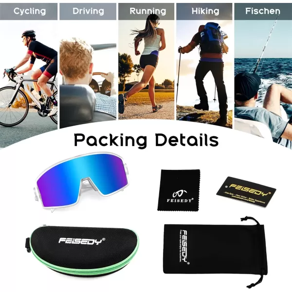 FEISEDY Polarized Sports Sunglasses for Men Women Youth Cycling Glasses Baseball Softball Sunglasses B2368Transparent Frame Blue Mirror Lens