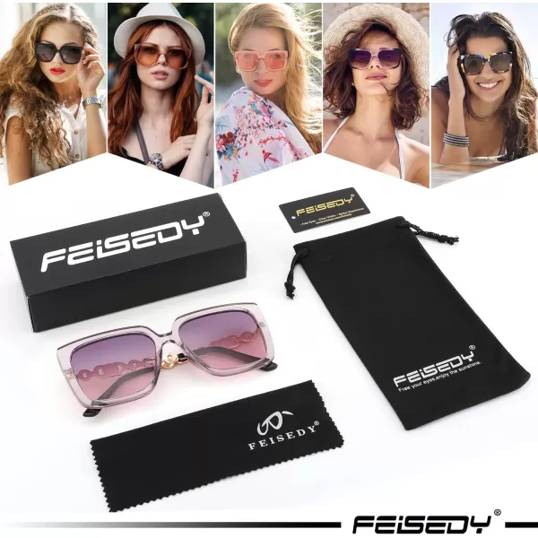 FEISEDY Trendy Polarized Cateye Sunglasses Womens Vintage Oversized Square Sunglasses UV400 Protection B0003Clear Purple Frame Purple Pink Lens