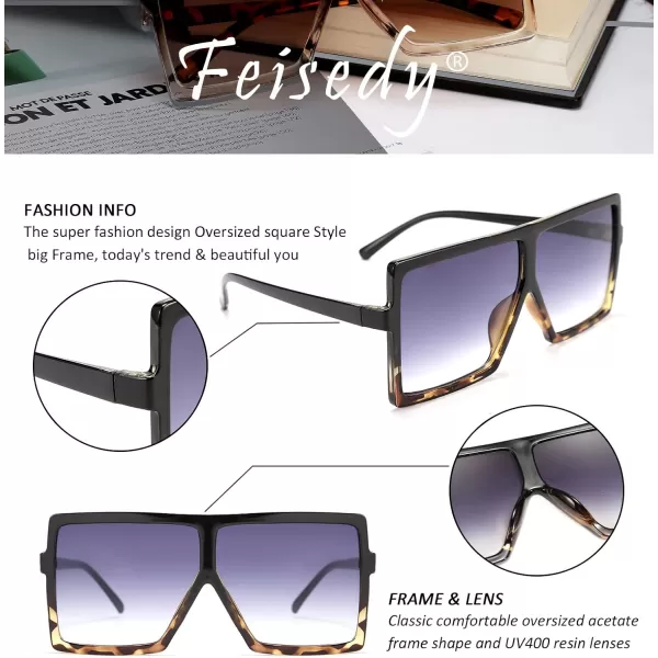 FEISEDY Women Square Oversized Sunglasses Flat Top Fashion Big Stylish Large Frame UV400 B253903 Leopardblack