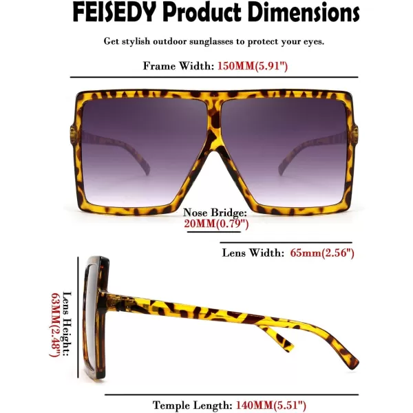 FEISEDY Women Square Oversized Sunglasses Flat Top Fashion Big Stylish Large Frame UV400 B253905 Leopard Frame Grey Lens