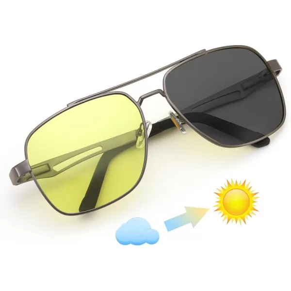 FEISEDY Polarized Aviator Photochromic Sunglasses Men Women for Day and Night Driving Metal Frame B0172Gun Greyyellow