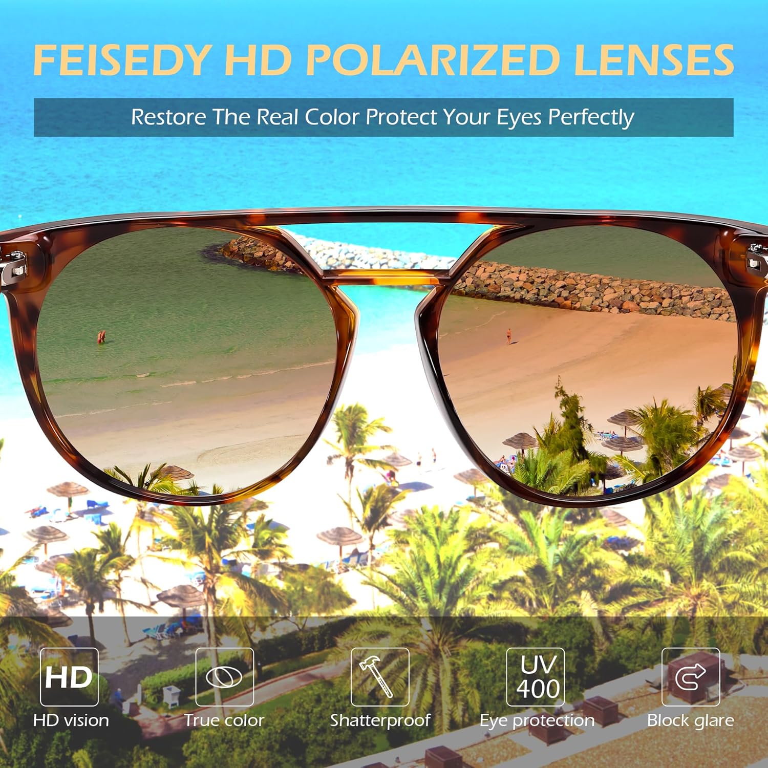 FEISEDY Vintage Cat Eye Sunglasses Polarized Round Aviator Trendy Oversized UV400 Sun Glasses B011902 Tortoiseshell  Gradual Tea