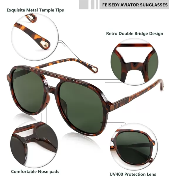 FEISEDY Retro Aviator Sunglasses Women Men Classic Square Shades Trendy Sun Glasses UV400 Protection B2394002 Leopard  Green