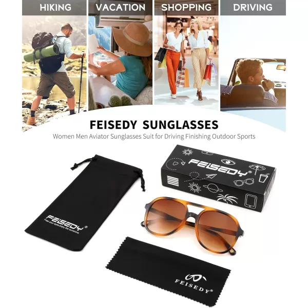 FEISEDY Retro Aviator Sunglasses Women Men Classic Square Shades Trendy Sun Glasses UV400 Protection B2394006 Leopard  Gradient Tea