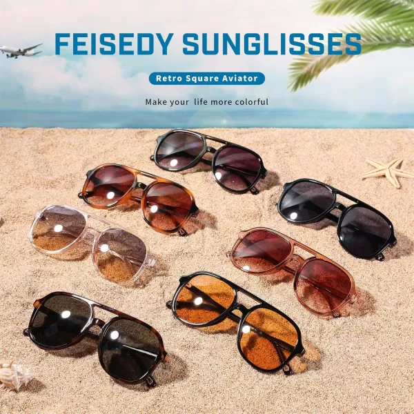 FEISEDY Retro Aviator Sunglasses Women Men Classic Square Shades Trendy Sun Glasses UV400 Protection B2394006 Leopard  Gradient Tea