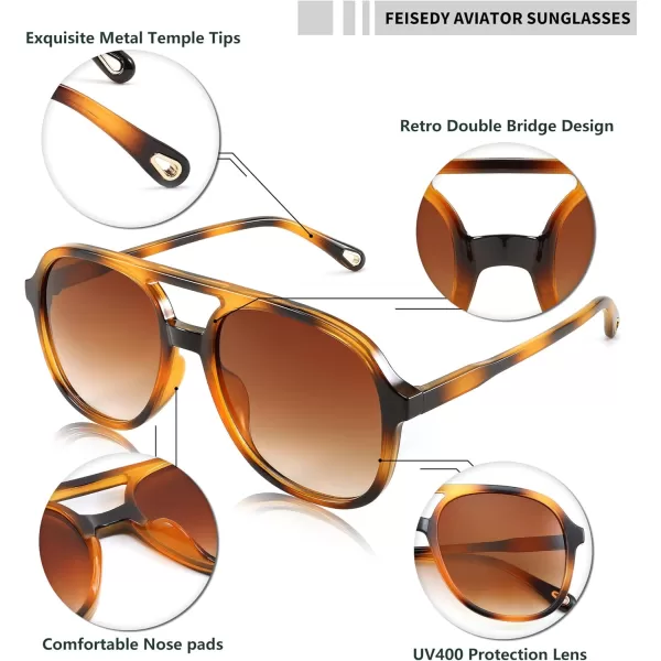 FEISEDY Retro Aviator Sunglasses Women Men Classic Square Shades Trendy Sun Glasses UV400 Protection B2394006 Leopard  Gradient Tea