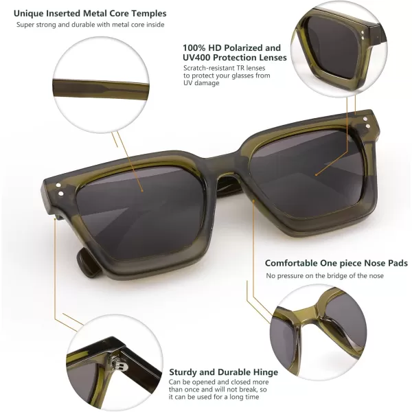 FEISEDY Sunglasses Men Women Polarized Chunky Square Thick Frame Rectangle UV400 Shade Sun Glasses B2396005 Transparent Olive Green  Polarized Gray Lenses