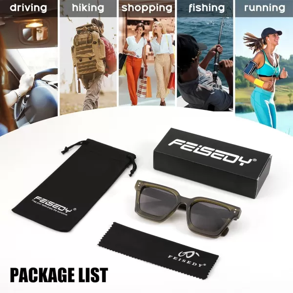 FEISEDY Sunglasses Men Women Polarized Chunky Square Thick Frame Rectangle UV400 Shade Sun Glasses B2396005 Transparent Olive Green  Polarized Gray Lenses