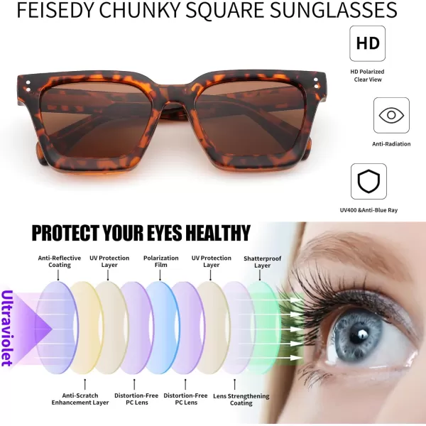 FEISEDY Sunglasses Men Women Polarized Chunky Square Thick Frame Rectangle UV400 Shade Sun Glasses B2396006 Leopard Frames  Polarized Tea Lenses