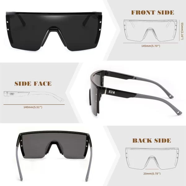 FEISEDY Sunglasses Mens Polarized Women Oversized Flat Top Square Cycling Fishing Golf Hiking Vintage Sun Glasses B2367Polarized Grey Lenses With Black Frame 001