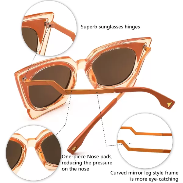 FEISEDY Vintage Square Cat Eye Sunglasses Women Trendy Metal ZigZag Temple Cateye Sun Glasses B9055Transparent Orange