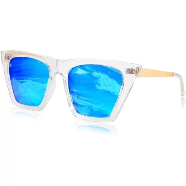FEISEDY Vintage Polarized Square Cat Eye Sunglasses Women Trendy Fashion Cateye Polarized Sunglasses B2692Clear FrameBlue Mirrored Lenses