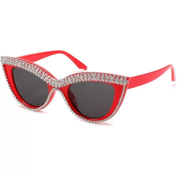 FEISEDY Women Oversized Diamond Sunglasses Fashion Cat Eye Rhinestone Sunglasses Jeweled Frame Costume Party B2360Red Stripe Diamond