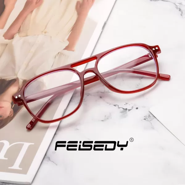FEISEDY Blue Light Blocking Glasses Women Men Square Computer Lightweight Pilot Glasses Anti Eyestrain ampamp UV Glare B0141Red