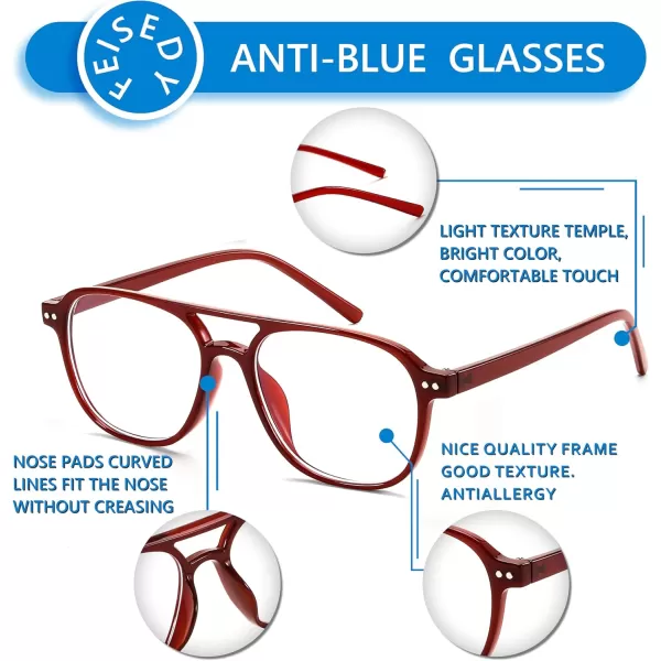 FEISEDY Blue Light Blocking Glasses Women Men Square Computer Lightweight Pilot Glasses Anti Eyestrain ampamp UV Glare B0141Red