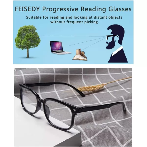 FEISEDY Progressive Multifocal Reading Glasses Blue Light blocking Reader Glasses TR90 Frame Women Men B2497Blackclear