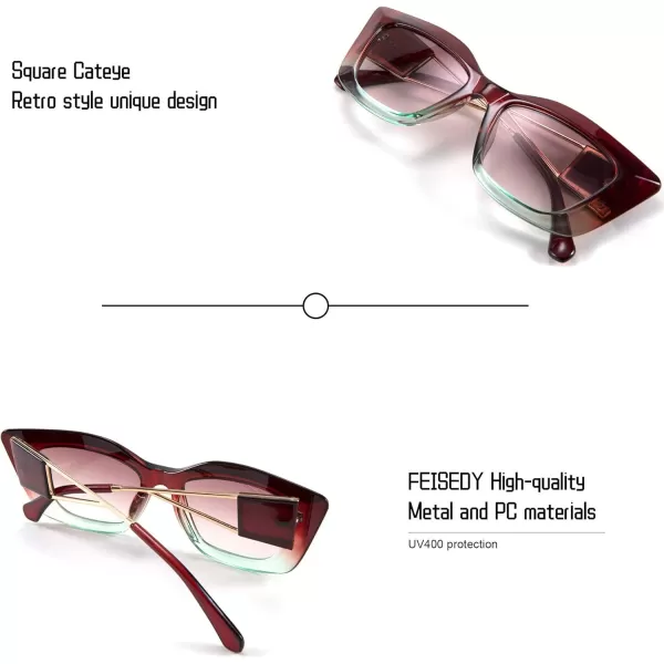 FEISEDY Retro Thick Square Cateye Sunglasses Women Men ARIZONA DREAM Metal Temple B2710006 Gradual Red Brown Frame Gradient Brown Lens