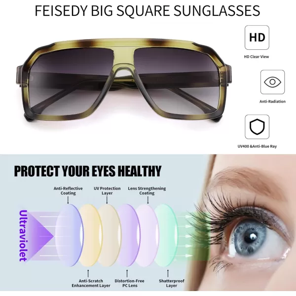 FEISEDY Sunglasses Men Square Aviator Frame UV400 Sun Glasses Driving Running Fishing Golf Hiking B0059Dark Green Frame  Gradient Gray Lenses